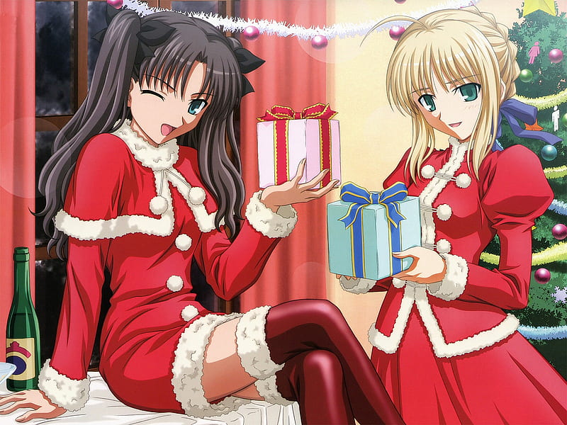 Fate Stay Night Christmas, saber, christmas tree, christmas, brown hair, wine, gree eyes, fat stay night, blonde hair, sexy, tohsaka rin, winter, santa costume, fate stay night, merry, anime, presents, HD wallpaper
