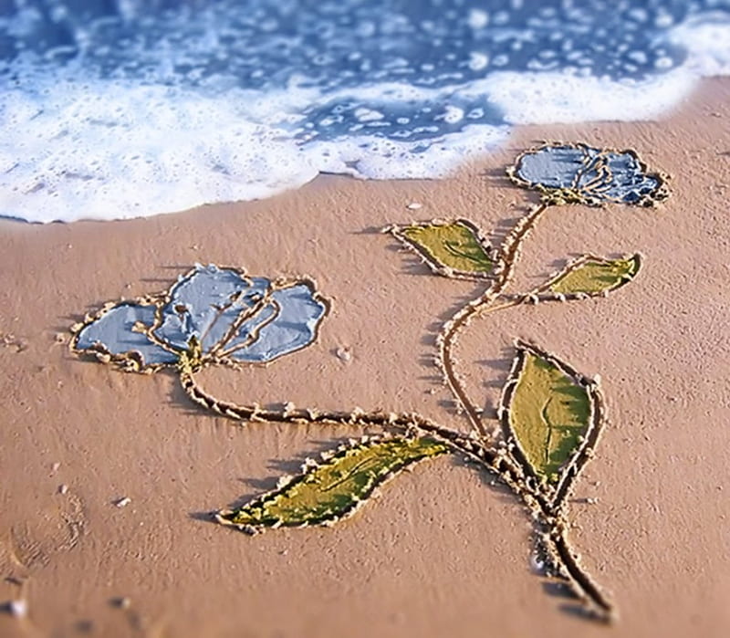 Roses for the sea.., roses, sea, beach, sand, figure, roses sculptured in sand, summer, ROSE in the sand, blue, HD wallpaper