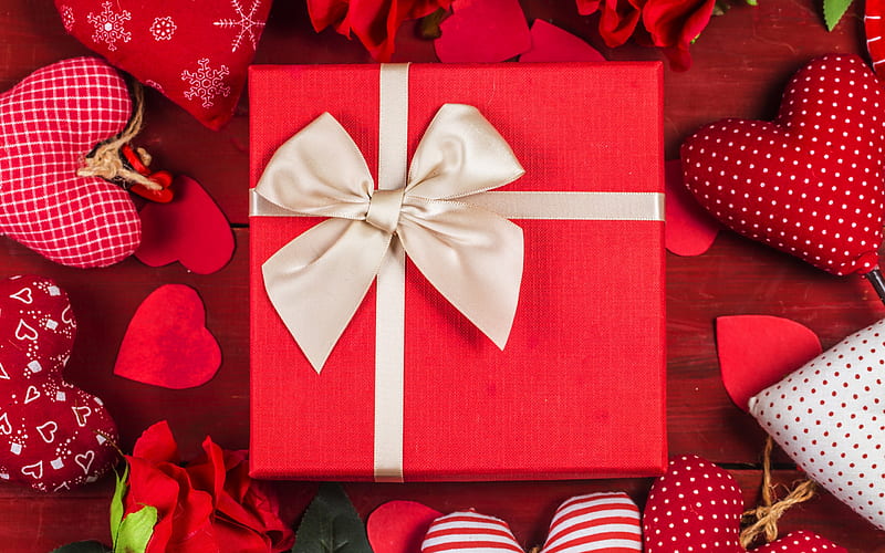 Valentines Day, gift, red gift box, beige silk bow, red hearts, February 14, HD wallpaper