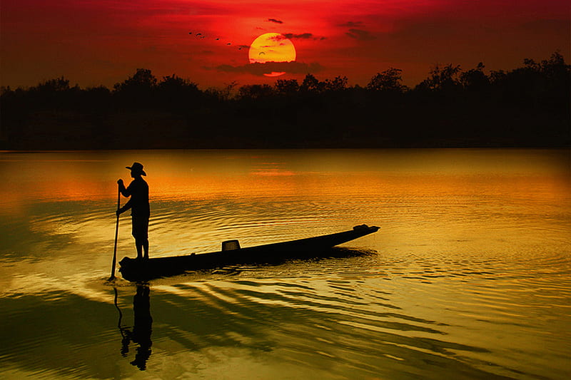 Stirring Tranquility, red, oar, boat, golden, peaceful, bonito, lake, mist, HD wallpaper