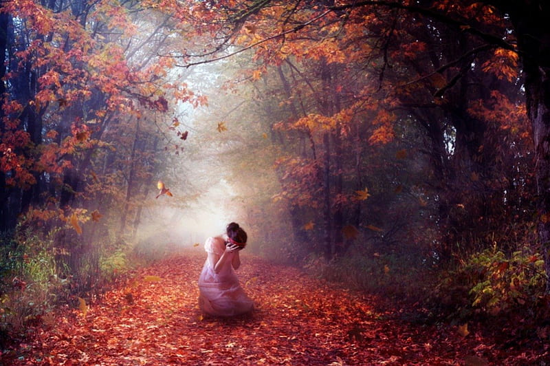 Fallen Tears, autumn, fantasy, lady, trees, HD wallpaper