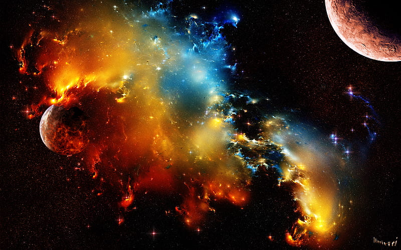 Planets and Space, red, fire, stars, moon, yellow, colours, collision, blue, HD wallpaper