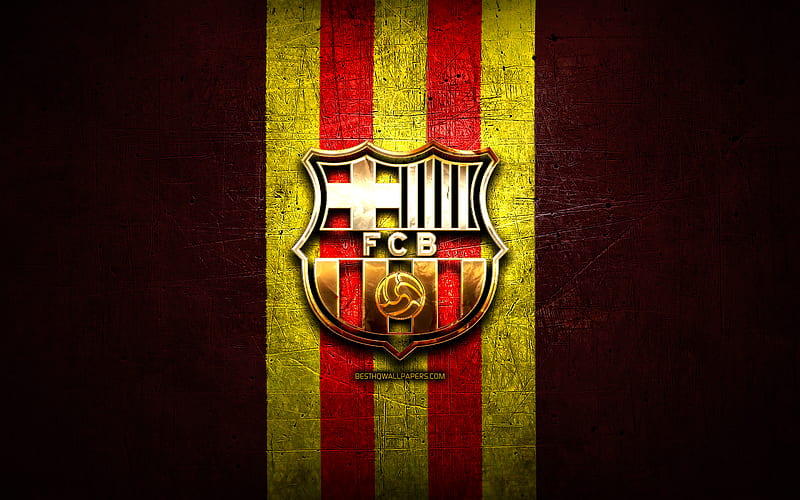 FC Barcelona, golden logo, flag of catalonia, La Liga, FCB, red metal background, football, Barcelona FC, spanish football club, FC Barcelona logo, soccer, LaLiga, Spain, HD wallpaper