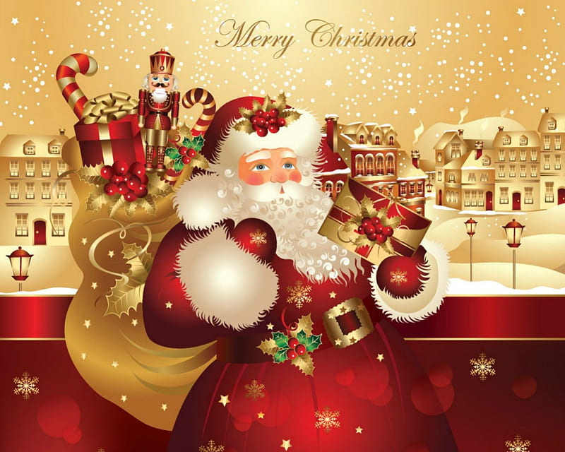 Merry Christmas, Christmas, village, Santa Claus, gift, HD wallpaper