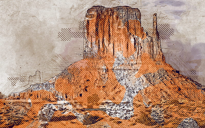 Monument Valley, West Mitten Butte, Arizona, USA, grunge art, creative art, painted Monument Valley, drawing, Monument Valley abstraction, digital art, West Mitten Butte grunge, HD wallpaper