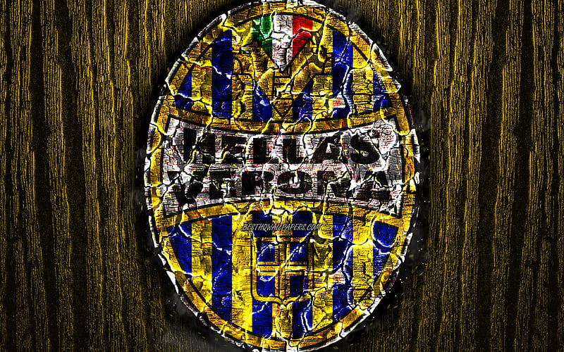 Hellas Verona, scorched logo, Serie B, yellow wooden background, italian football club, Hellas Verona FC, grunge, football, soccer, Hellas Verona logo, fire texture, Italy, HD wallpaper