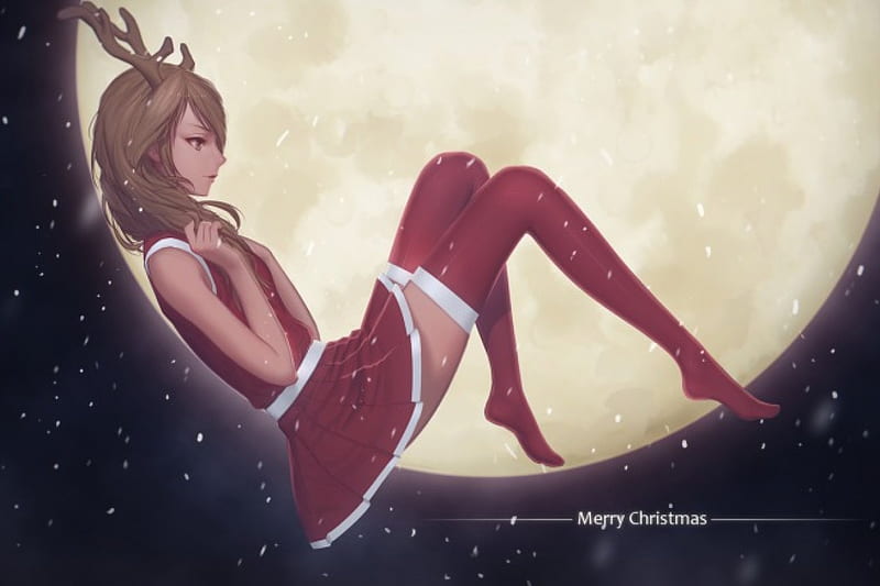 Merry christmas, suit, santa, full moon, reindeer antlers, anime, HD wallpaper