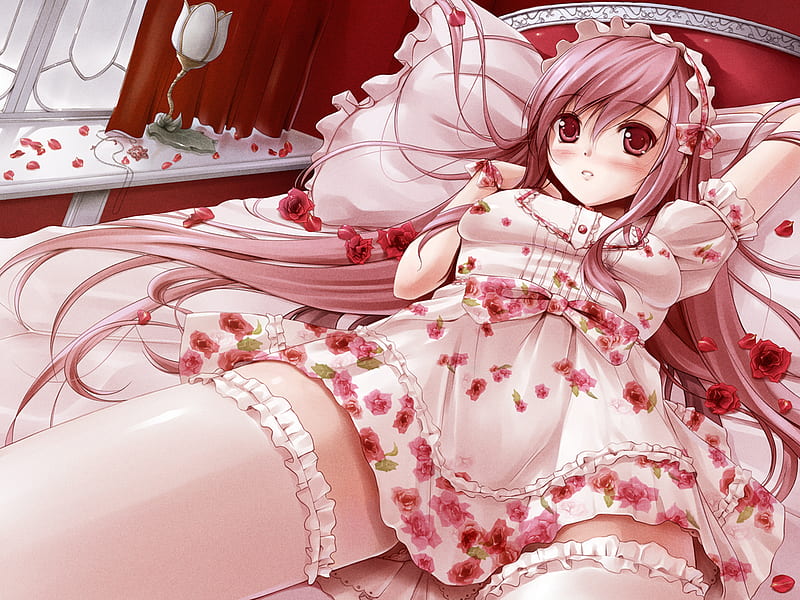 blushing, pretty, long pink hair, blush, head bar, thighhighs, bed, anime, rose lamp, flowers, pink, window sill, pink eyes, necklace, curtains, bed sheets, cute, girl, widow, petals, frills, pillows, HD wallpaper