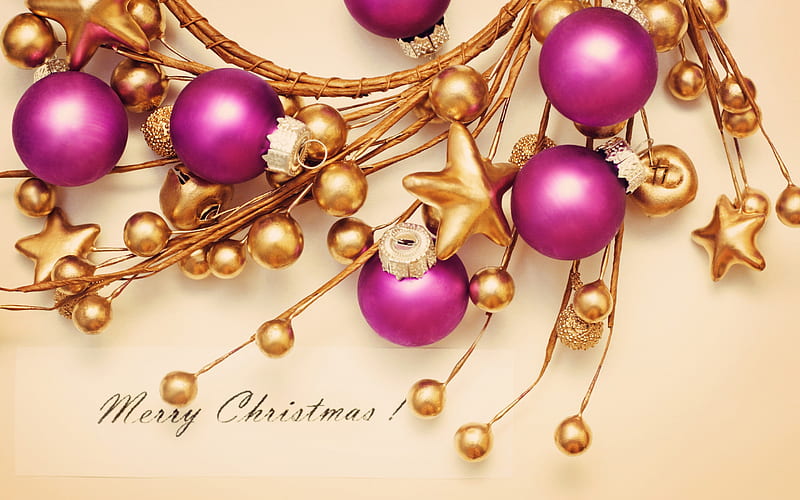 Merry Christmas, New Year, purple Christmas balls, 2018, Christmas decorations, HD wallpaper