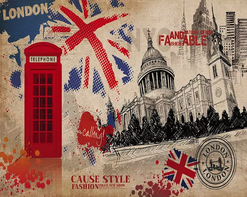 GK Wall Design London Landscape, English Flag And Phone Booth Textile, HD wallpaper