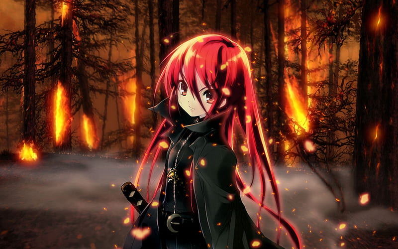 In Flames, red, fire, flame, anime, katana, anime girl, sword, HD wallpaper