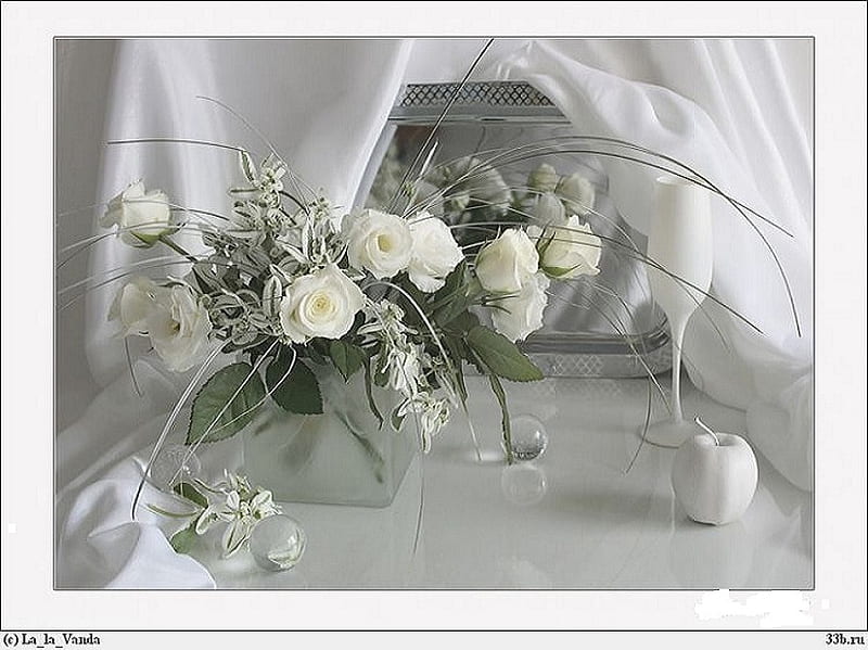 Classic white, apple, satin, china, vase, bonito, roses, water, flowers, petals, ceramics, white, HD wallpaper