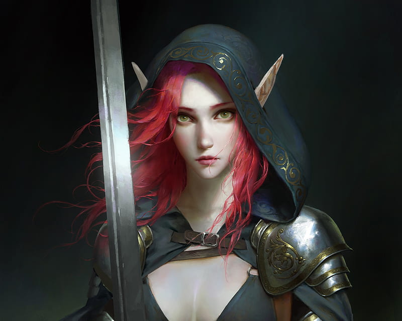 Elf girl, art, frumusete, luminos, redhead, elf, armor, fantasy ...
