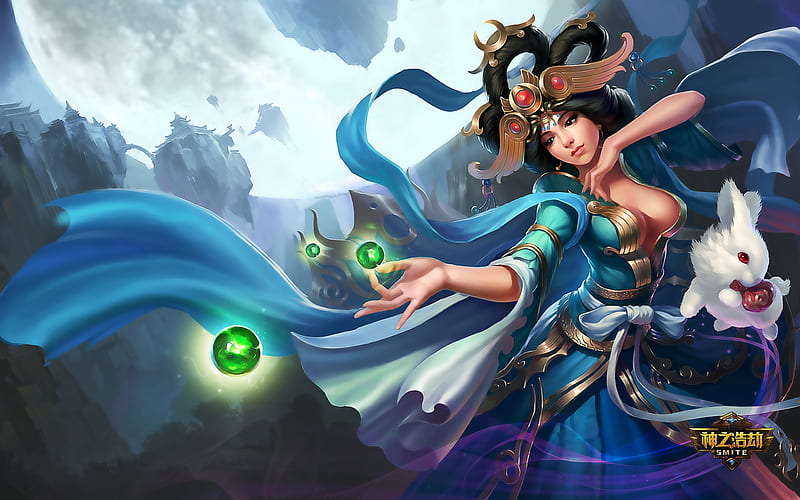 Chang'e, frumusete, fantasy, chang e, girl, luminos, smite, bunny, blue, HD wallpaper