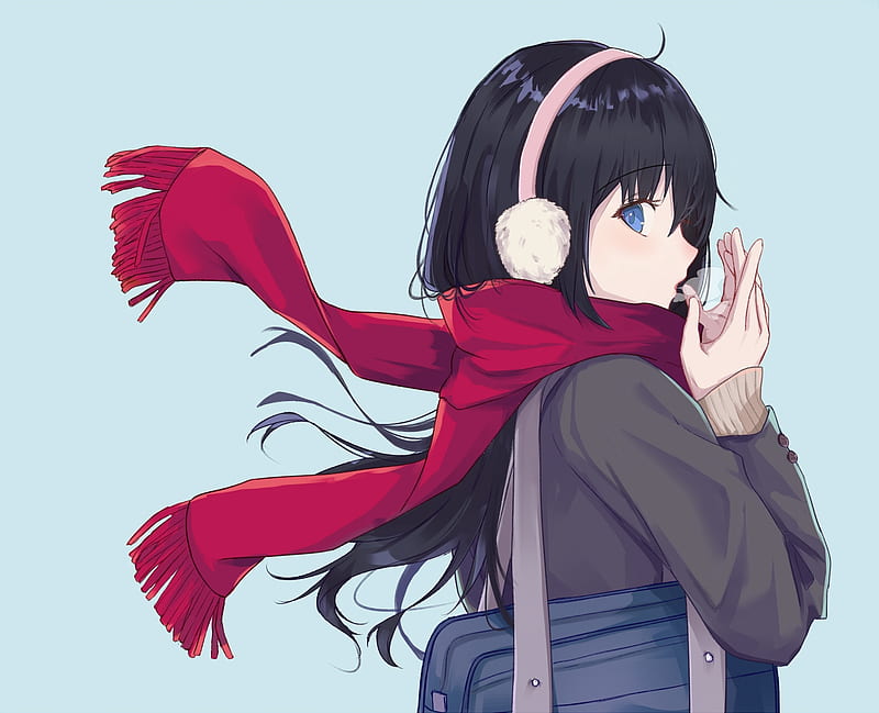 Red scarf, black hair, anime girl, profile view, winter, hands, Anime, HD  wallpaper | Peakpx