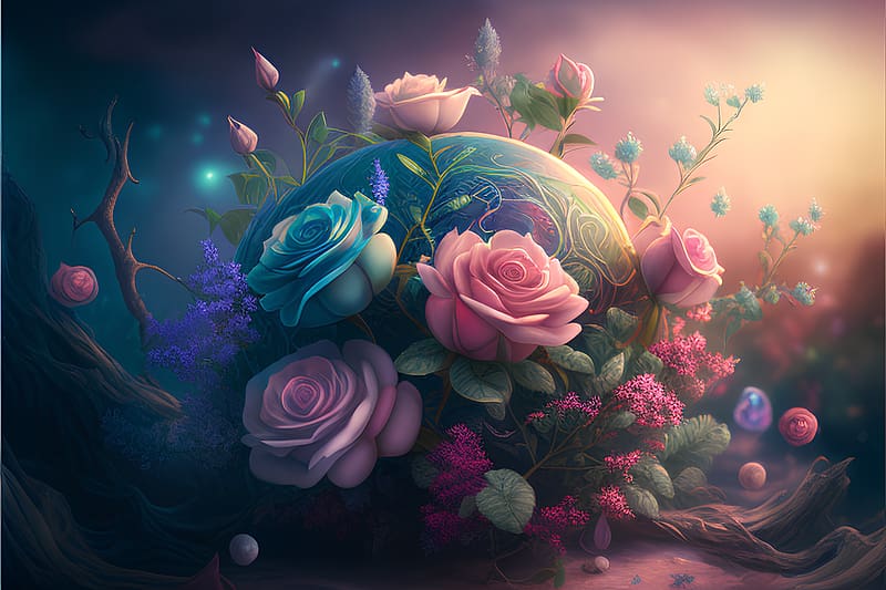 Flowers and planet, Roses, Green, Season, Fantasy, HD wallpaper
