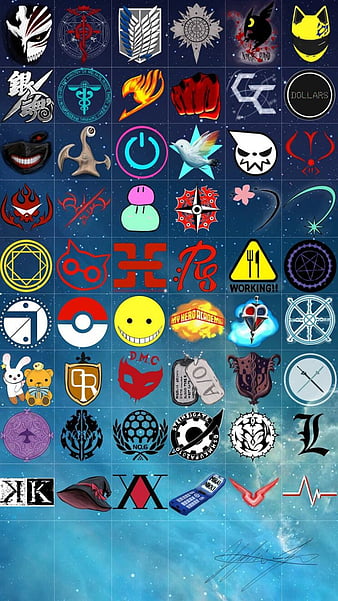  Símbolos de anime, ataque a titán, lejía, nota de muerte, cola de hadas, kk, pokemon, tokyo ghoul, Fondo de pantalla de teléfono HD