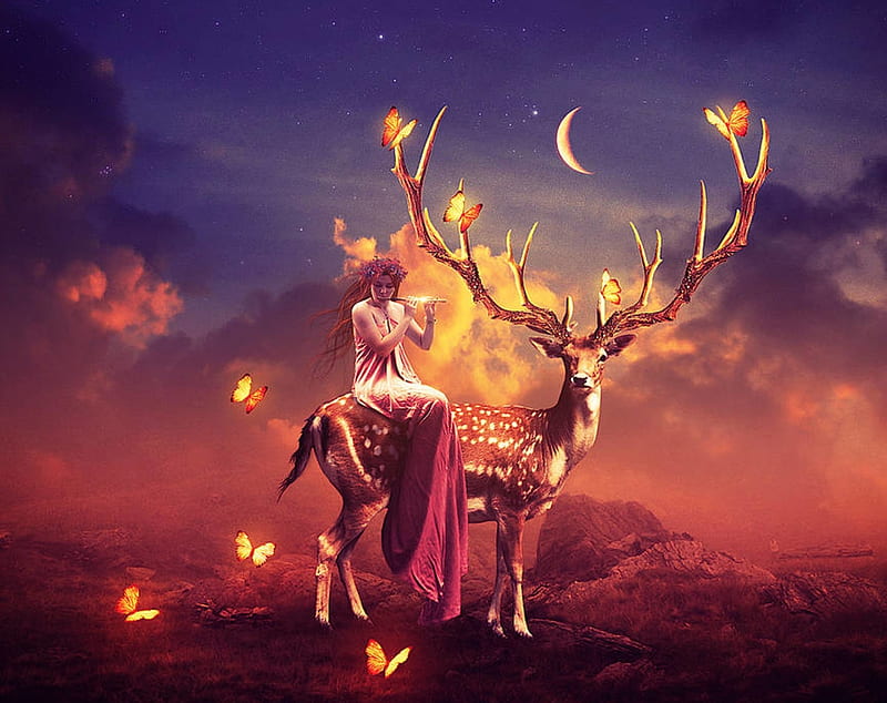 :), horns, deer, red, moon, yellow, charllieearts, fantasy, instrument, moon, girl, butterfly, flute, night, HD wallpaper