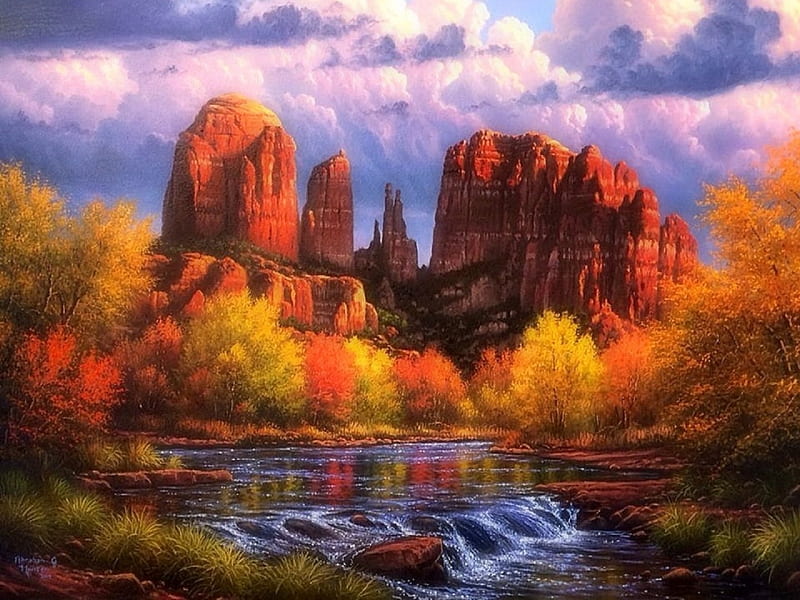 Cathedral Rock in Sedona, AZ, rocks, lakes, fall season, autumn, colors, love four seasons, attractions in dreams, trees, paintings, nature, HD wallpaper