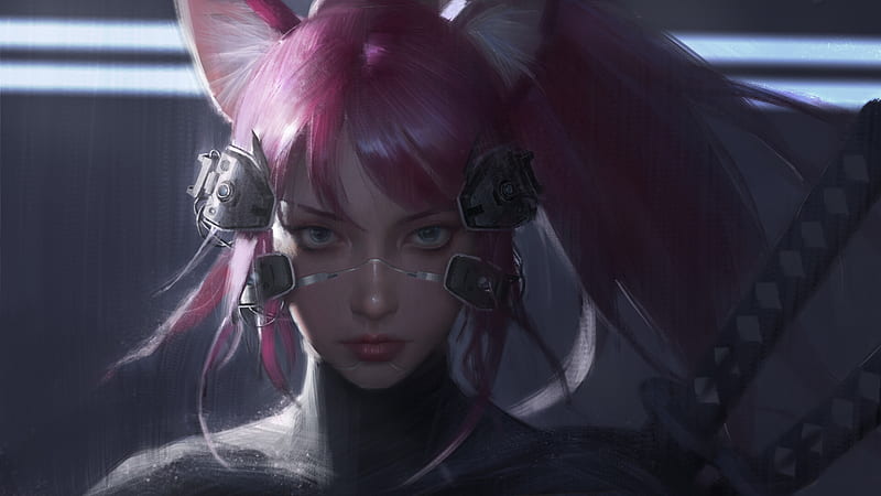 Sci Fi, Cyborg, Animal Ears, Cyberpunk, Girl, Pink Hair, HD wallpaper