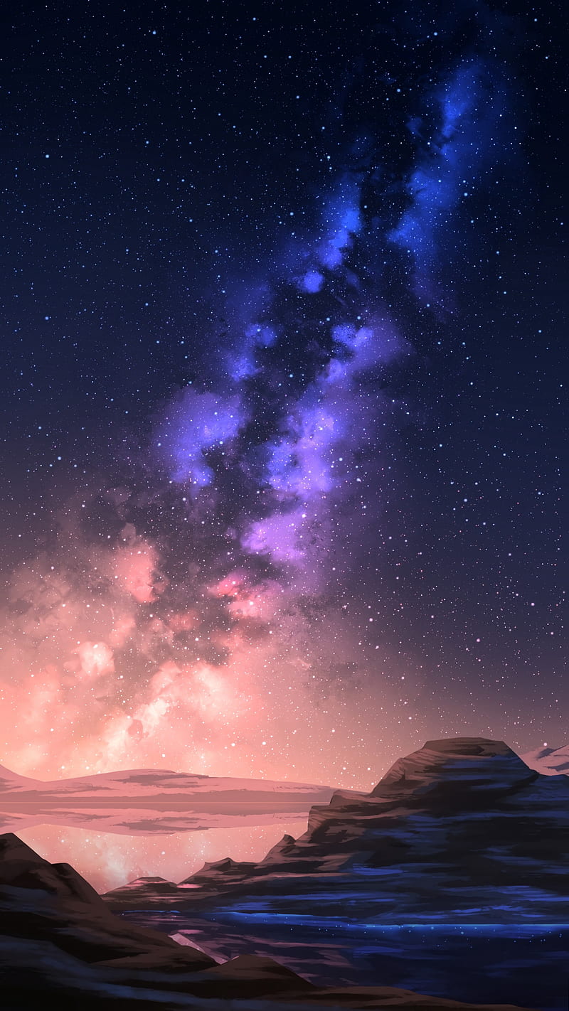 starry sky, cosmos, violet sky, mountain, scenic, nebula, Landscape, HD phone wallpaper