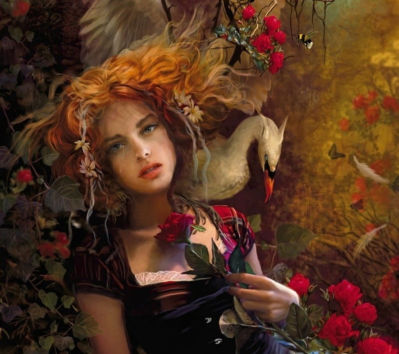 swan, red, art, luminos, rose, redhead, fantasy, girl, bird, bente schlick, flower, pasari, HD wallpaper