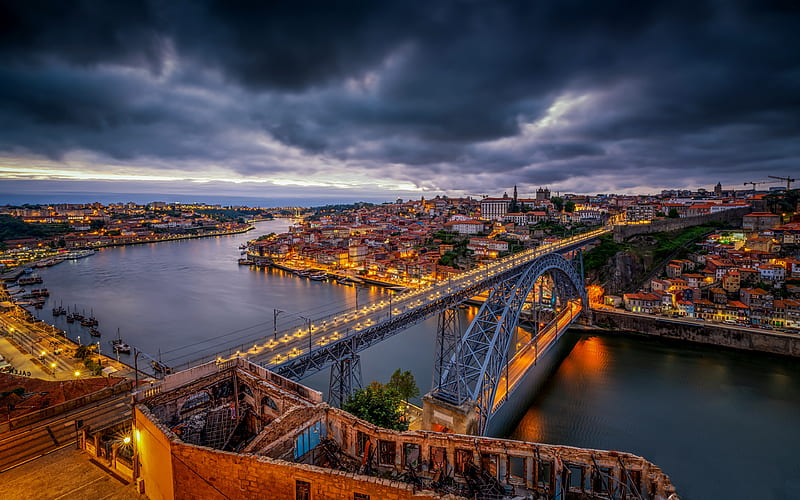 Porto, Dom Luis I Bridge evening city, Portugal, Europe, HD wallpaper