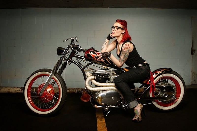 Tatoo Biker Chick, Tats, Model, Bike, Custom, HD wallpaper