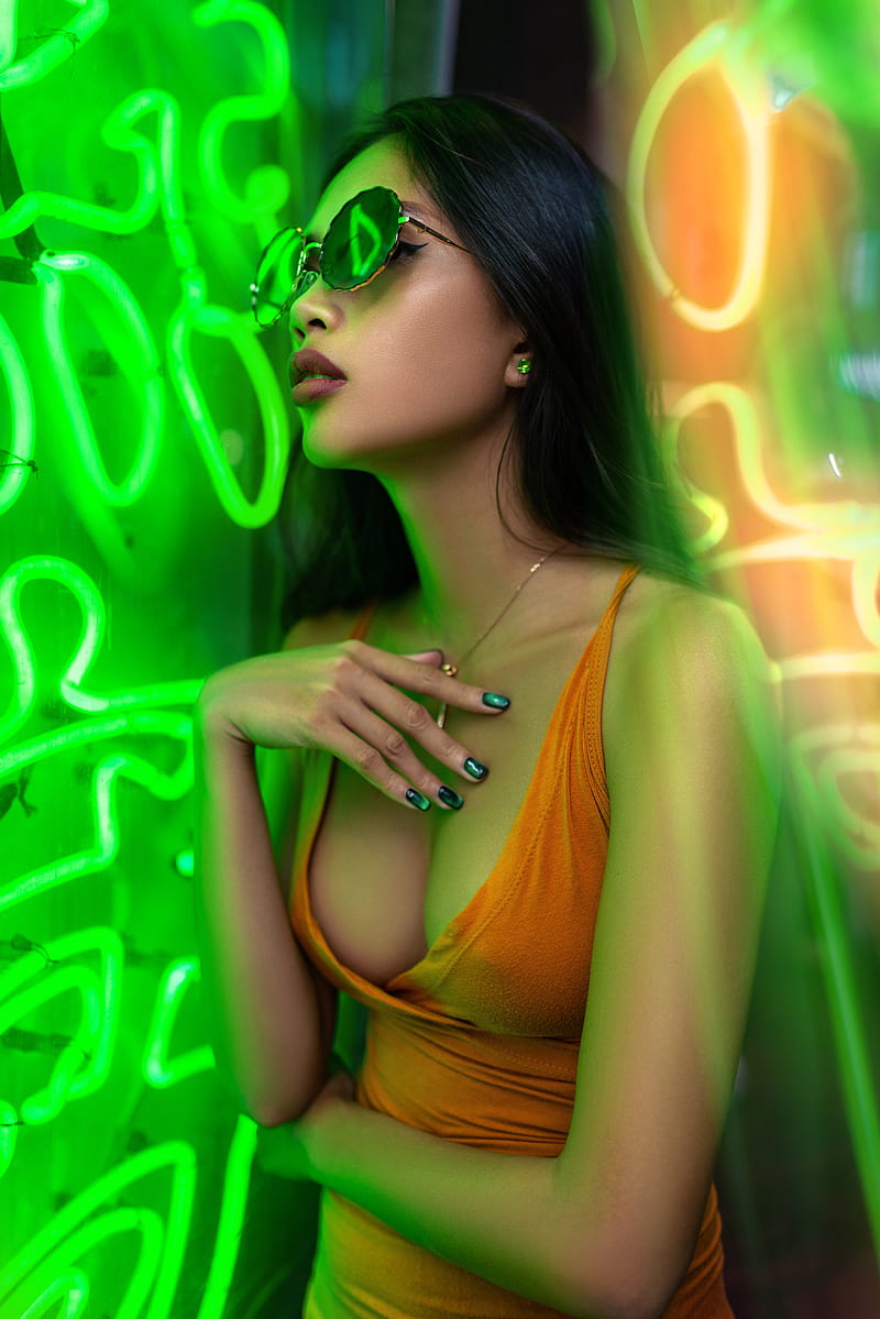 Asian, women, neon, model, shades, women with shades, dark hair, makeup, cleavage, red lipstick, HD phone wallpaper