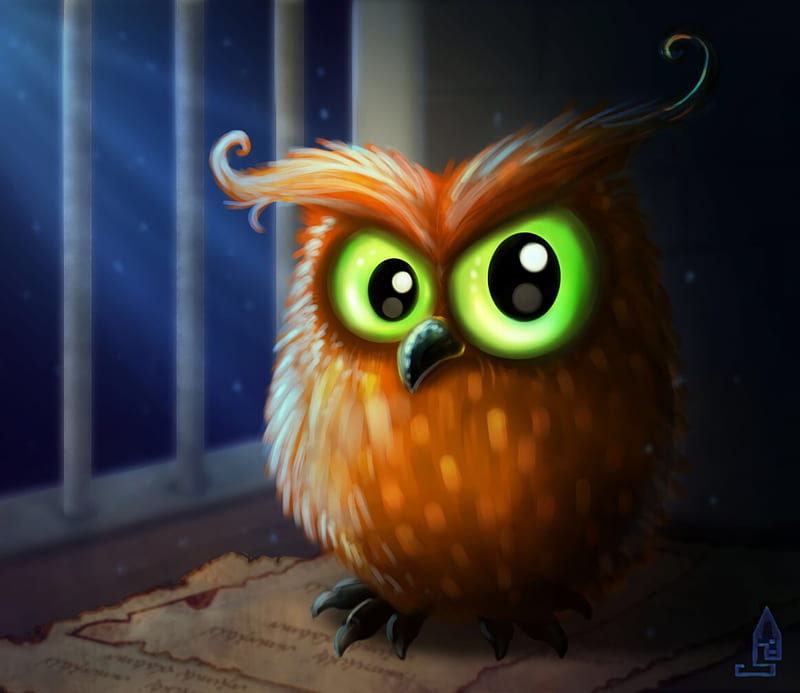 owl, bird, green eyes, art, HD wallpaper