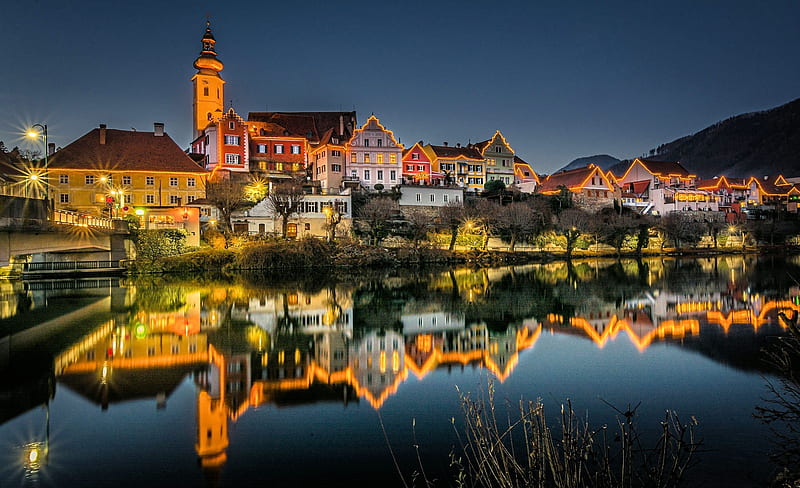 Frohnleiten, Styria, Austria, river, reflections, lights, houses, water, HD wallpaper