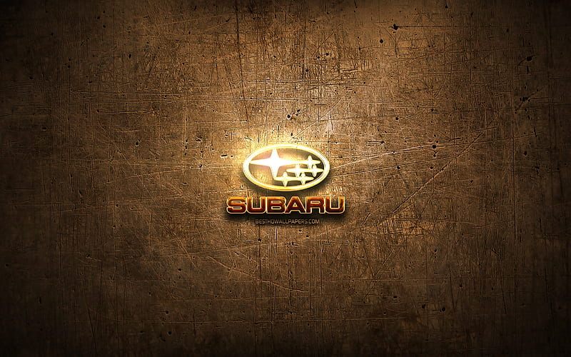 Subaru golden logo, cars brands, artwork, brown metal background, creative, Subaru logo, brands, Subaru, HD wallpaper