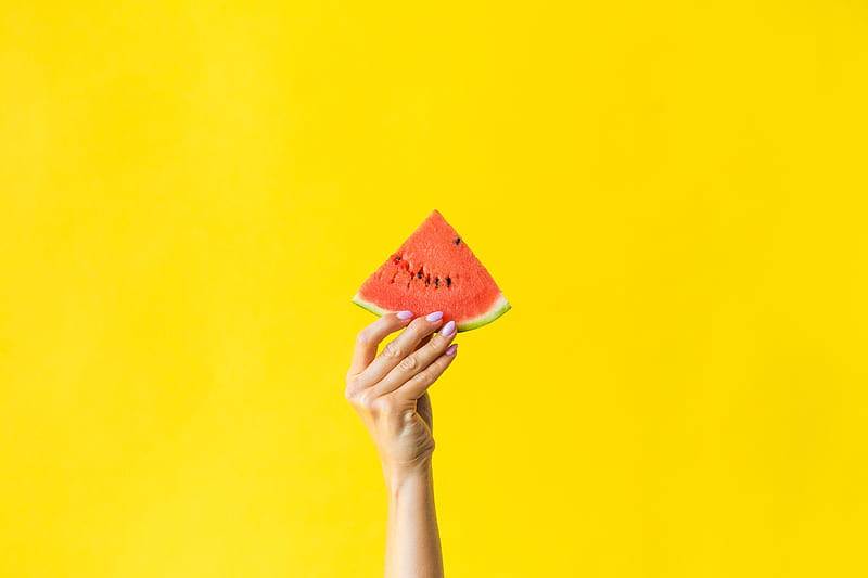 watermelon, hand, yellow, red, berry, fruit, HD wallpaper