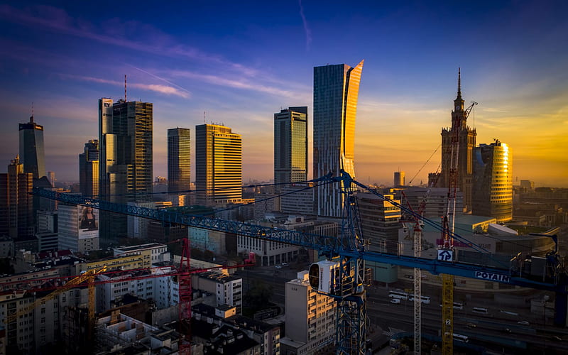 Warsaw, morning, sunrise, skyscrapers, modern buildings, Warsaw skyscrapers, Warsaw cityscape, Poland, HD wallpaper