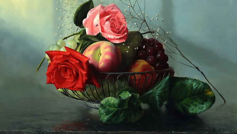 Still Life, tray, roses, fruits, HD wallpaper