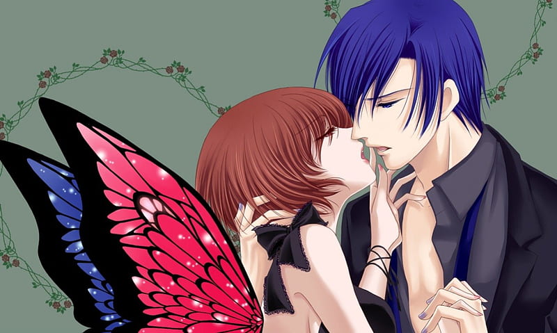 Sweet Fairy Love, wing, kaito, butterfly, love, anime, handsome, beauty, anime girl, vocaloids, fairy, meiko, wings, lovely, romance, ribbon, short hair, cute, lue eyes, lover, divine, guy, bonito, sublime, elegant, couple, gorgeous, vocaloid, female, male, romantic, brown hair, brown eyes, boy, girl, blue hair, ublime, HD wallpaper