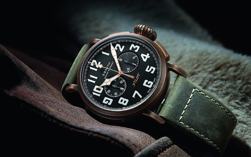 Zenith Pilot watches, macro, green watches, Zenith, wrist watch, HD wallpaper