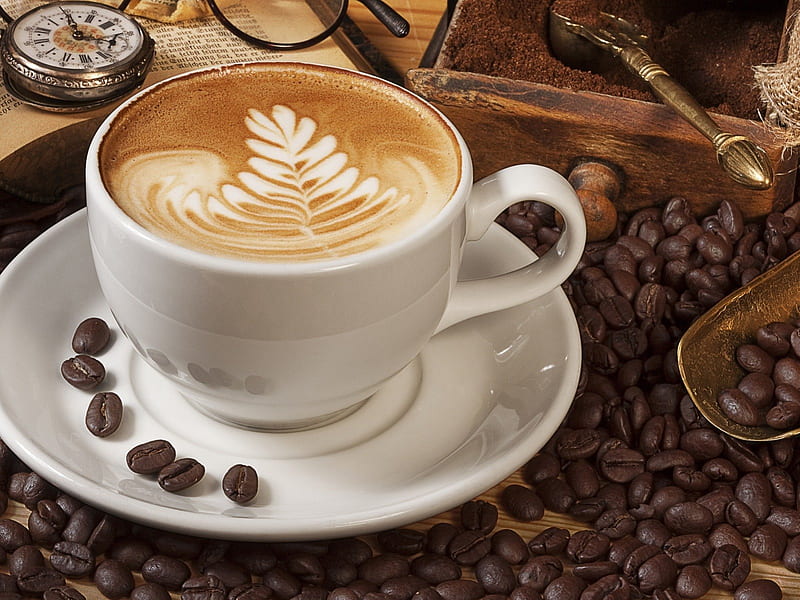Coffee, patterns foam, grain, drinks, cappuccino, drink, coffee beans, HD wallpaper