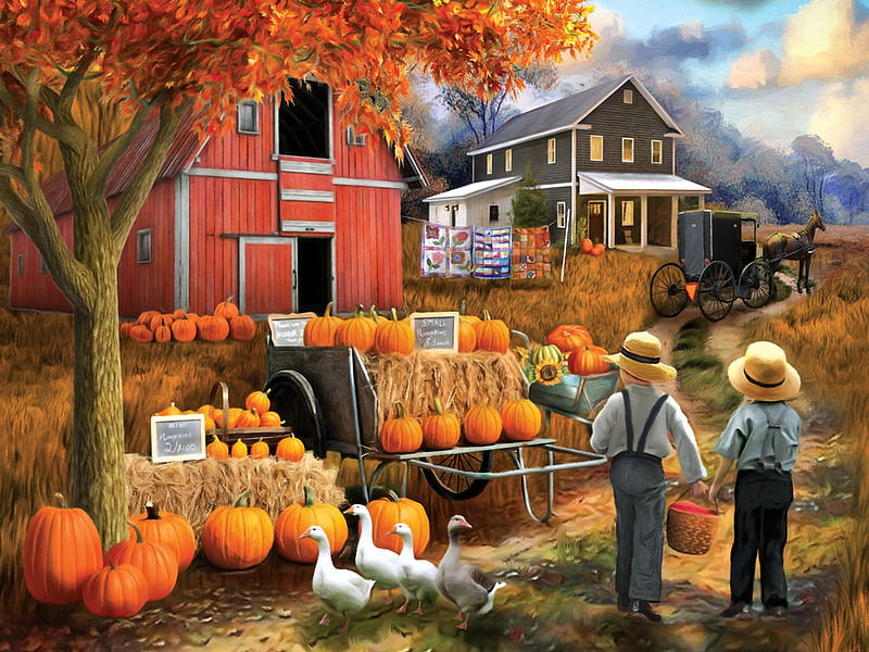 Amish Pumpkin Patch, artwork, barn, children, fall, house, colors, geese, tree, painting, HD wallpaper