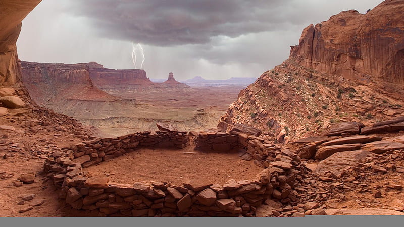 False Kiva, desert, lightning, nature, bonito, clouds, canyons, storm, HD wallpaper