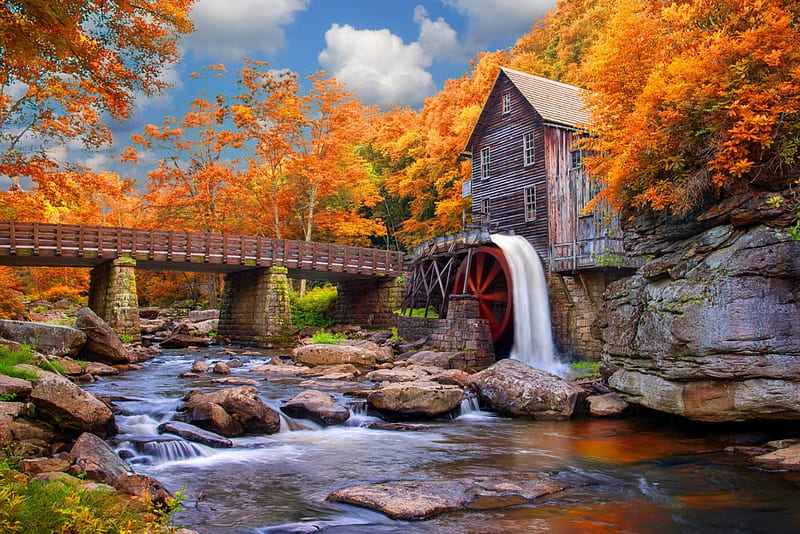 Glade Creek Grist Mill, stream, colorful, fall, autumn, mill, bonito, creek, stones, HD wallpaper