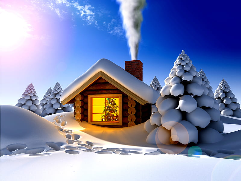 Winter Time, good morning, pretty, house, sun, magic, clouds, xmas, splendor, magic christmas, beauty, sunrise, morning, lovely, holiday, houses, sky, trees, winter, merry christmas, snow, footprints, white, landscape, christmas tree, cottage, bonito, light, blue, window, view, sunlight, colors, tree, peaceful, nature, HD wallpaper