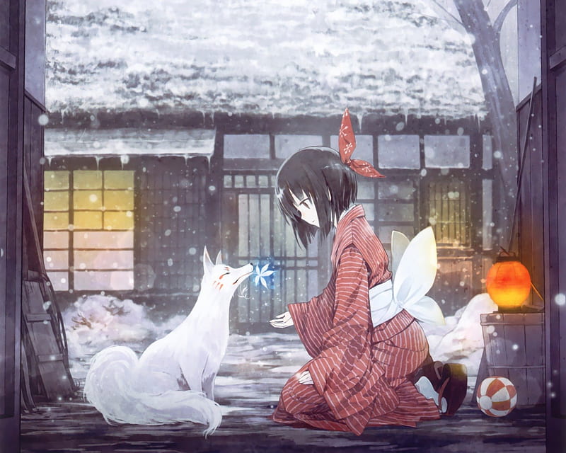 Winter Kitsune, art, house, fox, girl, snow, kimono, orginal, winter, HD  wallpaper | Peakpx