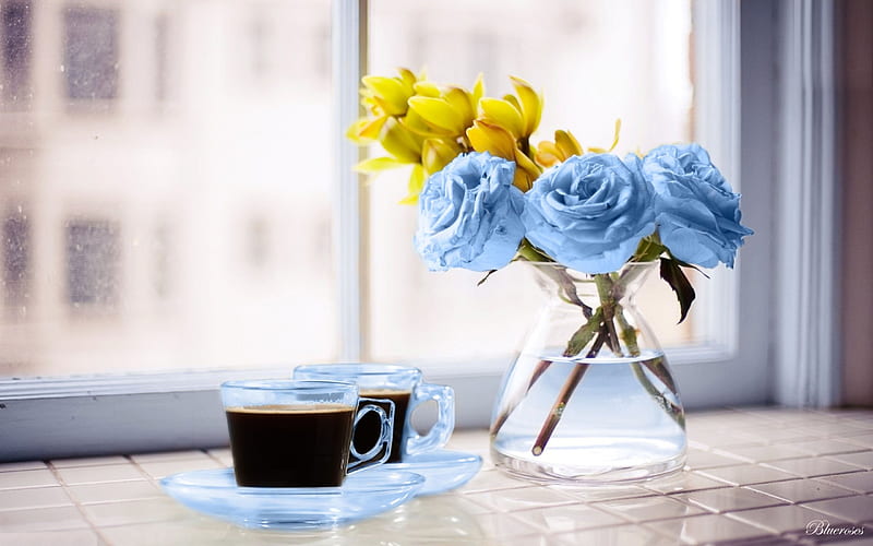 *Soft enjoyment for coffee time*, cafe, yellow, vase, coffe, by, hot, flowers, cups, blue, window, time, drinks, colors, roses, glass, light blue, blossoms, the, pastel, HD wallpaper