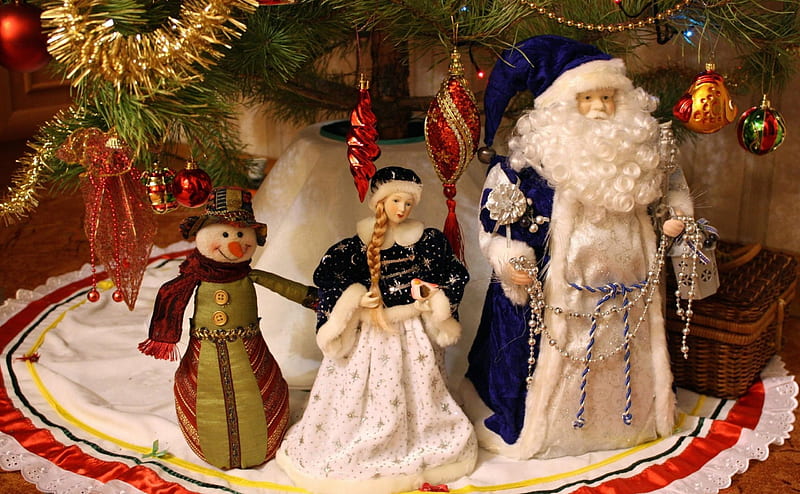 Merry Christmas!, christmas, toy, doll, santa claus, tree, green, fir, white, blue, HD wallpaper