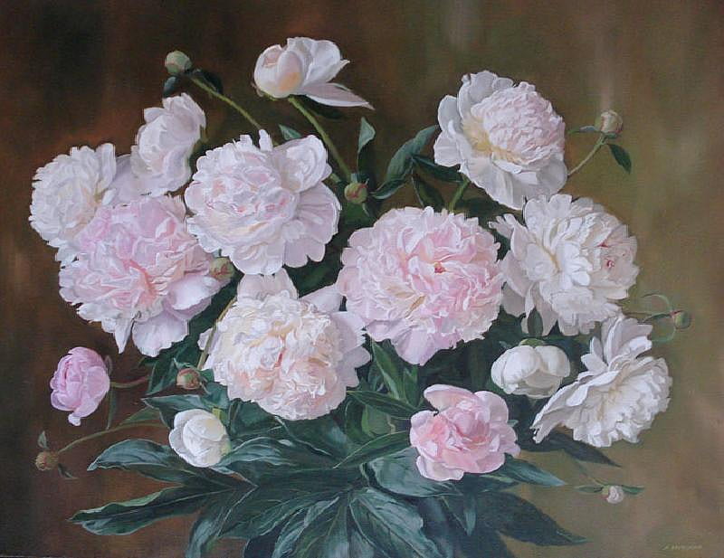 Peony Bouquet, leaves, painting, beauty, pink, peonies, HD wallpaper