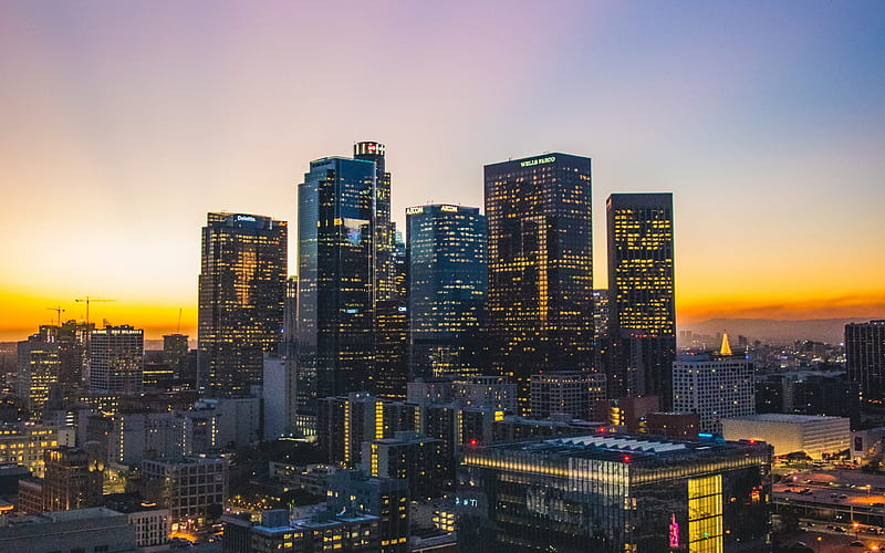 Los Angeles, sunset, skyscrapers, USA, LA, America, HD wallpaper