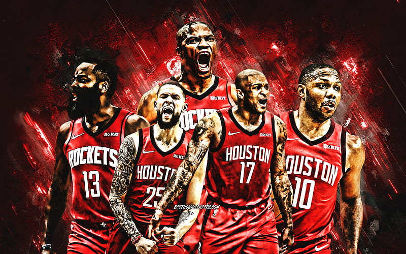 Houston Rockets, NBA, American Basketball Club, Red Stone Background, Basketball, James Harden, Russell Westbrook, Austin Rivers, PJ Tucker, HD wallpaper