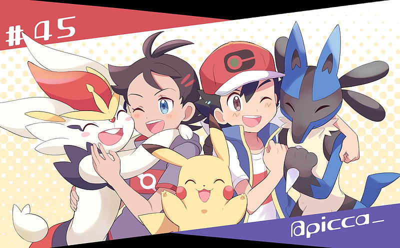 Pokémon, Ash Ketchum, Black Hair, Blue Eyes, Boy, Brown Eyes, Cap, Cinderace (Pokémon), Go (Pokémon), Hug, Lucario (Pokémon), Pikachu, Two-Toned Hair, HD wallpaper