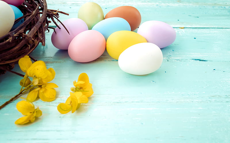 Easter eggs, blue wooden background, Easter, painted eggs, spring, HD wallpaper